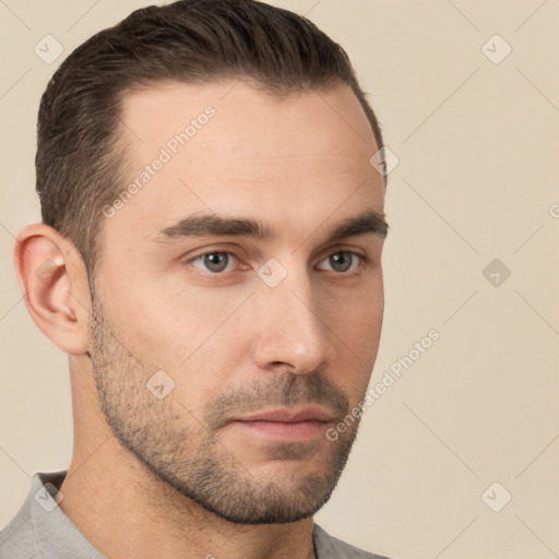 Neutral white young-adult male with short  brown hair and brown eyes