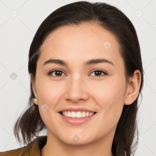 Joyful white young-adult female with medium  brown hair and brown eyes