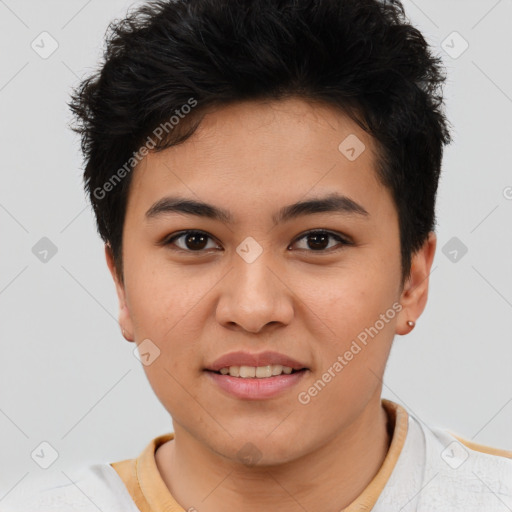 Joyful asian young-adult female with short  brown hair and brown eyes