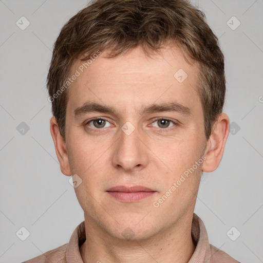 Neutral white young-adult male with short  brown hair and grey eyes