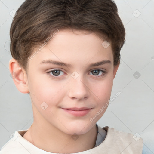 Joyful white child female with short  brown hair and brown eyes