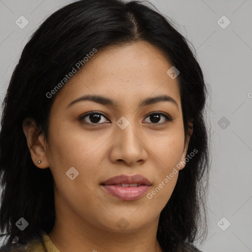 Joyful latino young-adult female with long  brown hair and brown eyes