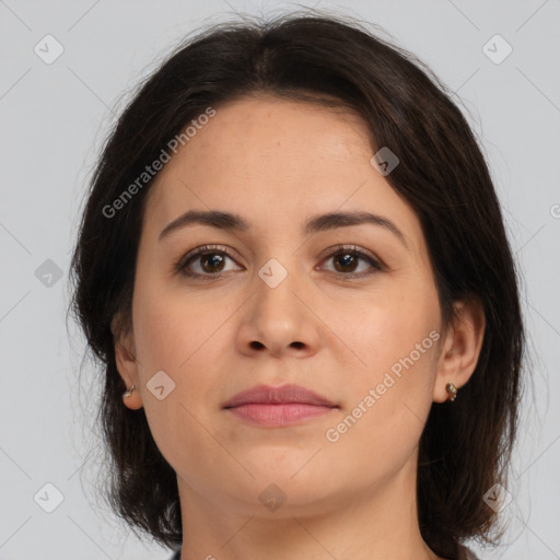 Joyful white young-adult female with medium  brown hair and brown eyes