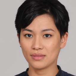 Neutral asian young-adult female with short  black hair and brown eyes