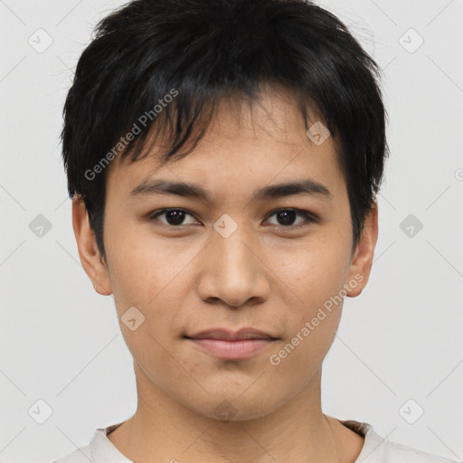 Joyful asian young-adult male with short  black hair and brown eyes