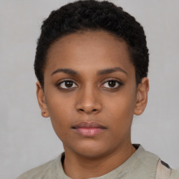 Neutral black young-adult female with short  black hair and brown eyes