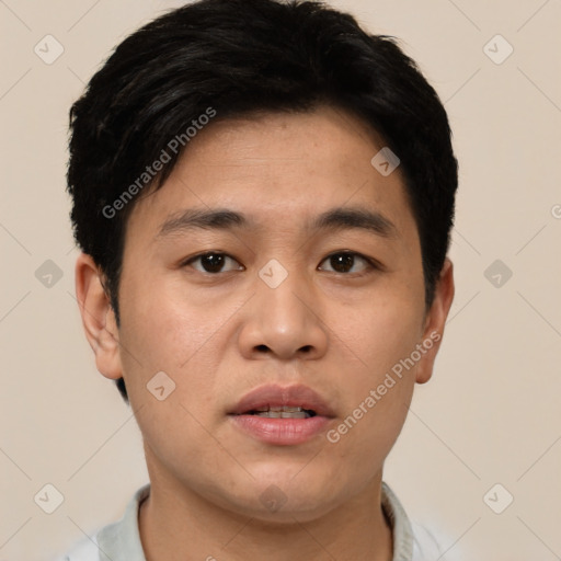 Neutral asian young-adult male with short  black hair and brown eyes