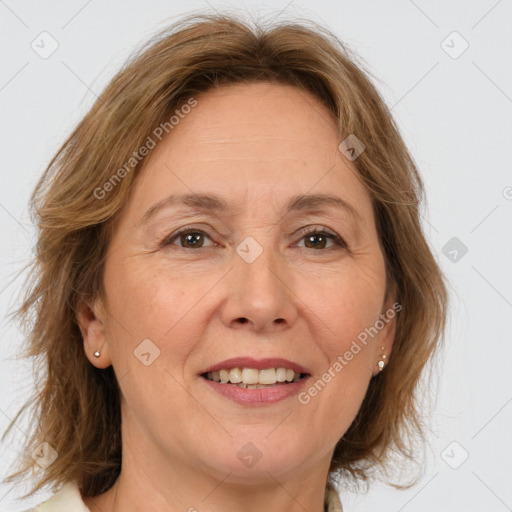 Joyful white adult female with medium  brown hair and brown eyes