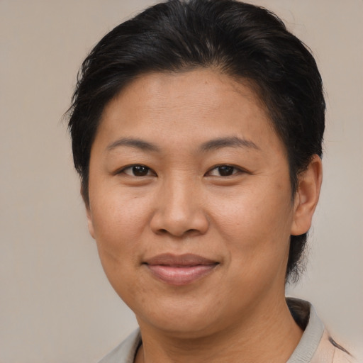 Joyful asian adult female with short  brown hair and brown eyes
