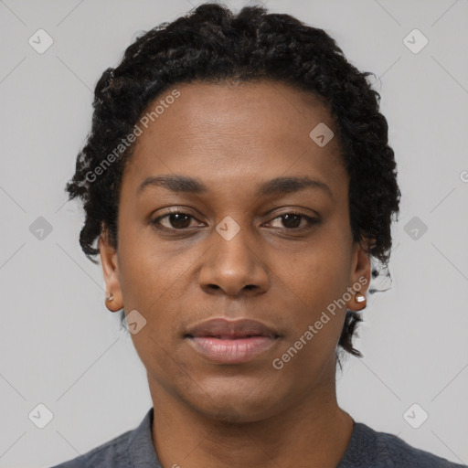 Neutral black young-adult female with short  black hair and brown eyes