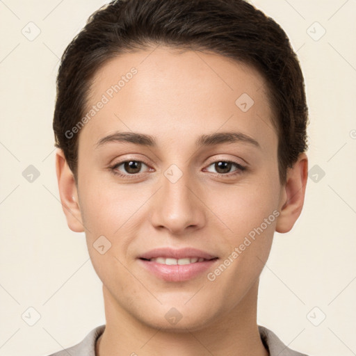 Joyful white young-adult female with short  brown hair and brown eyes