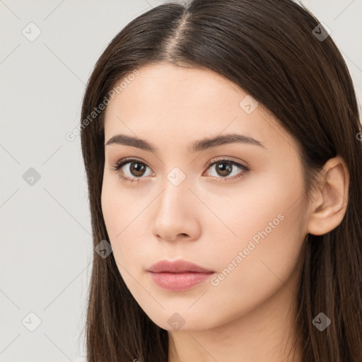 Neutral white young-adult female with long  brown hair and brown eyes