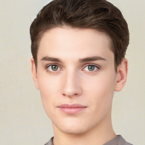 Neutral white young-adult male with short  brown hair and brown eyes