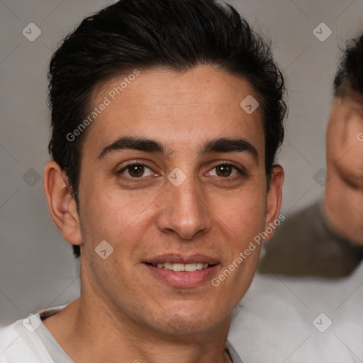 Joyful white adult male with short  brown hair and brown eyes