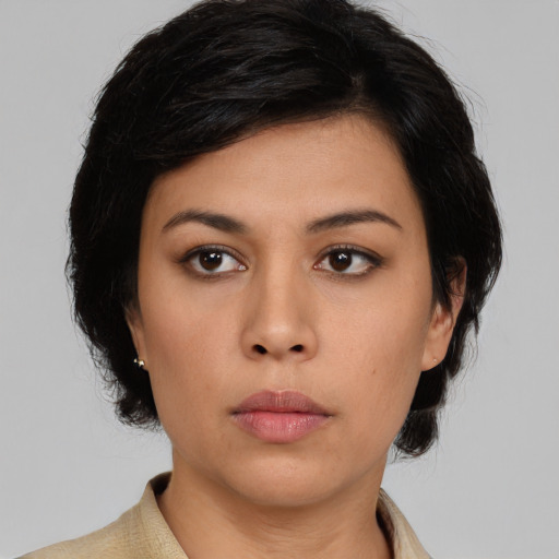 Neutral asian young-adult female with medium  black hair and brown eyes