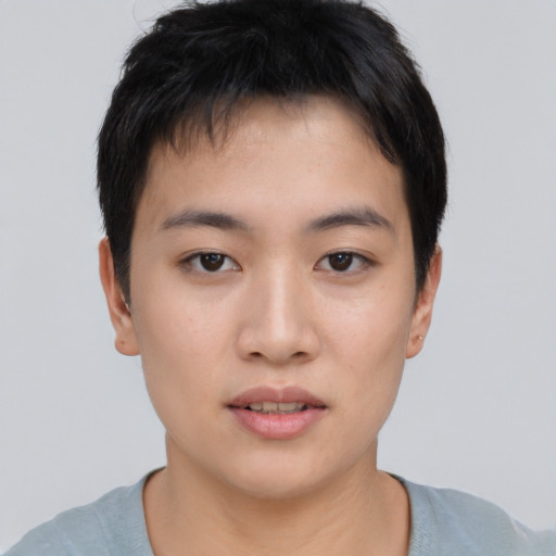 Neutral asian young-adult female with short  brown hair and brown eyes