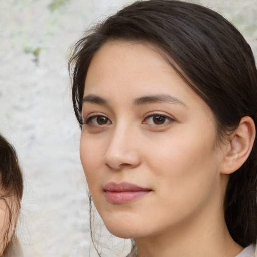 Neutral white young-adult female with medium  brown hair and brown eyes