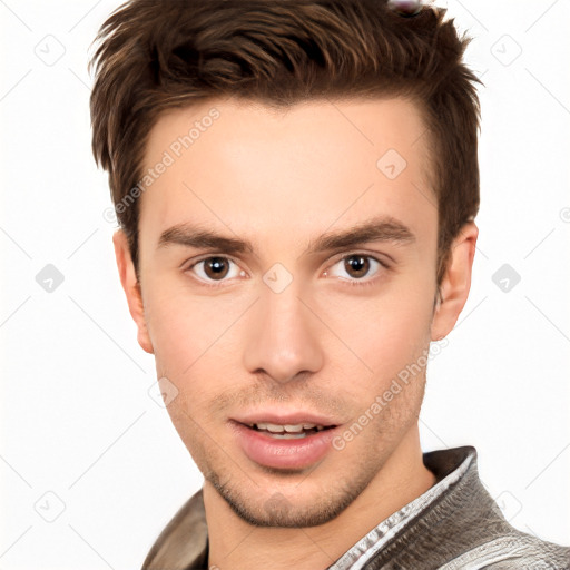 Neutral white young-adult male with short  brown hair and brown eyes