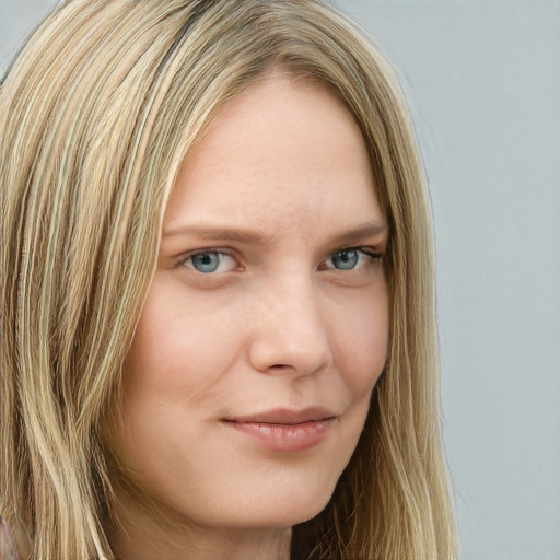 Neutral white young-adult female with long  brown hair and blue eyes