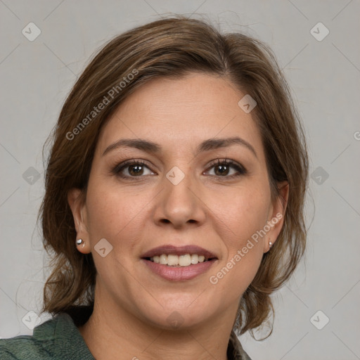 Joyful white young-adult female with medium  brown hair and grey eyes