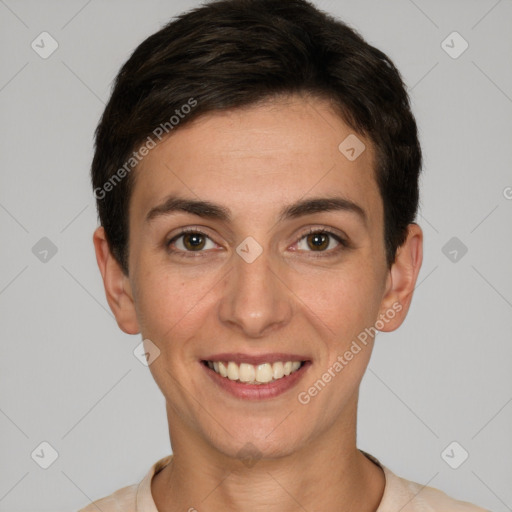 Joyful white young-adult female with short  brown hair and brown eyes