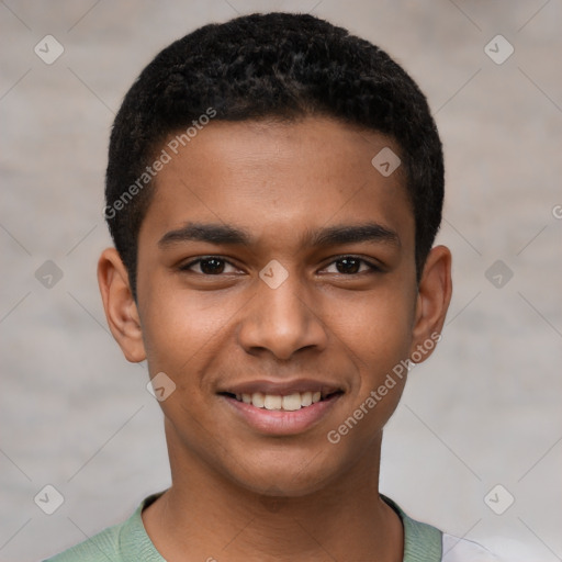 Joyful latino young-adult male with short  brown hair and brown eyes