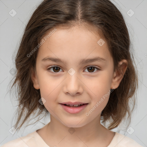 Joyful white child female with medium  brown hair and brown eyes