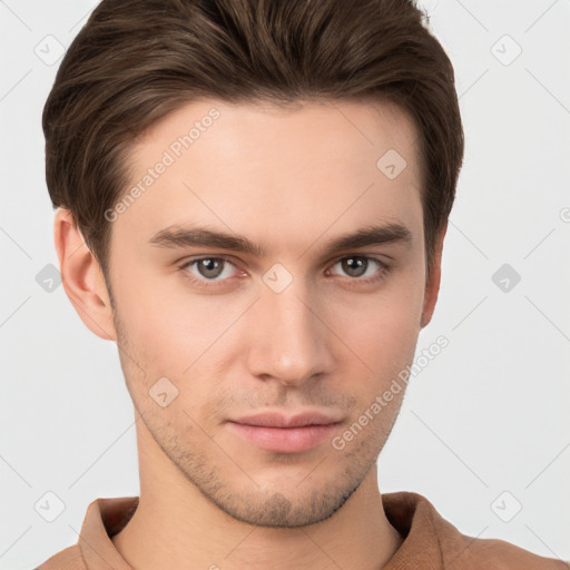 Neutral white young-adult male with short  brown hair and brown eyes