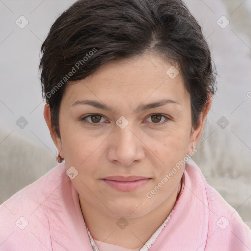 Joyful white young-adult female with short  brown hair and brown eyes