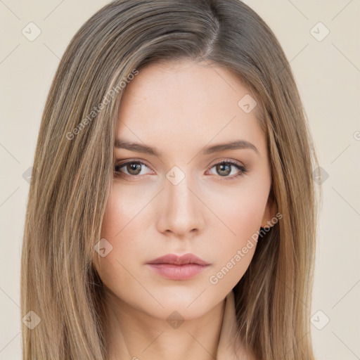 Neutral white young-adult female with long  brown hair and brown eyes