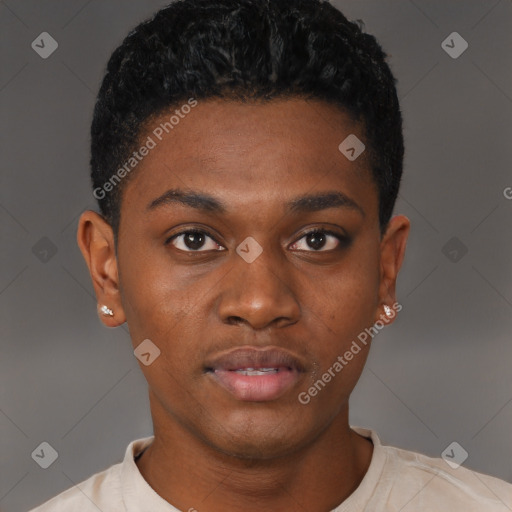 Neutral black young-adult male with short  black hair and brown eyes