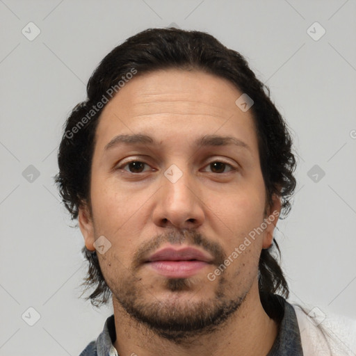 Neutral white adult male with short  black hair and brown eyes