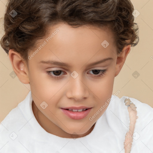 Joyful white child female with short  brown hair and brown eyes