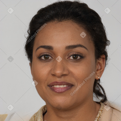 Joyful latino young-adult female with short  brown hair and brown eyes