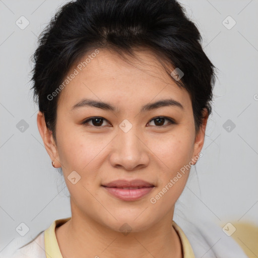 Joyful asian young-adult female with short  brown hair and brown eyes