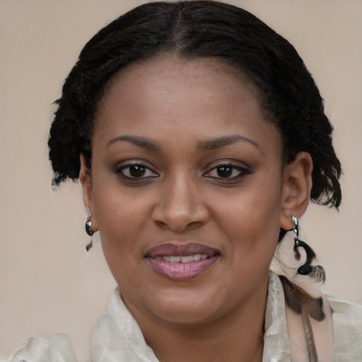 Joyful black young-adult female with medium  brown hair and brown eyes