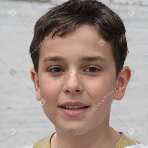 Joyful white child male with short  brown hair and brown eyes