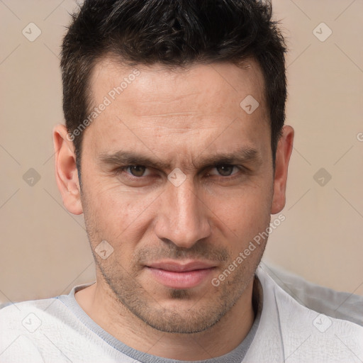 Neutral white adult male with short  brown hair and brown eyes