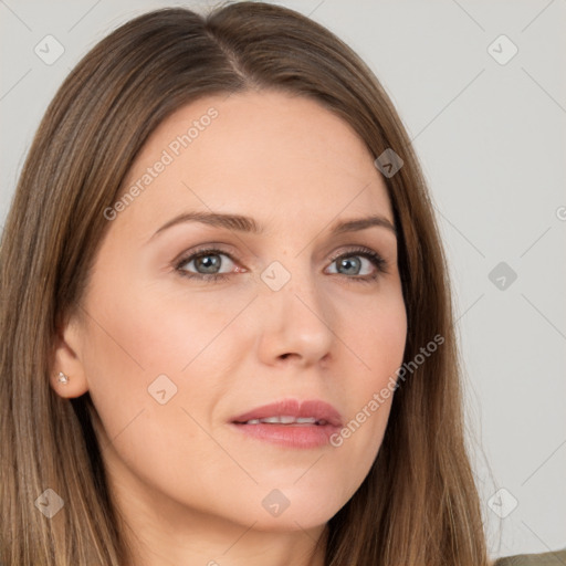 Neutral white young-adult female with long  brown hair and brown eyes