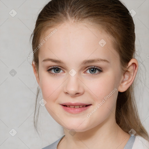 Joyful white child female with medium  brown hair and grey eyes