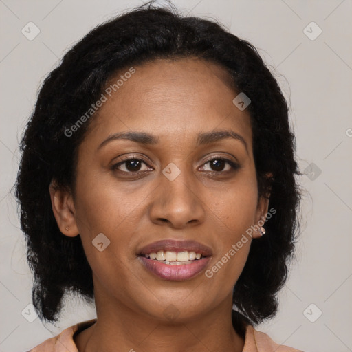 Joyful black young-adult female with medium  brown hair and brown eyes