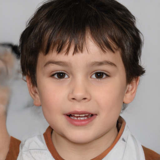 Joyful white child male with medium  brown hair and brown eyes