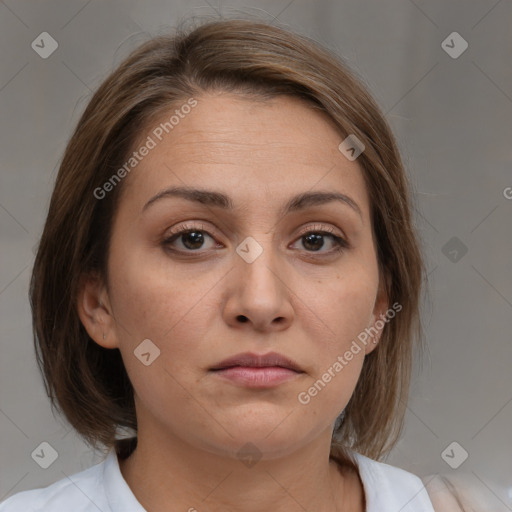 Neutral white young-adult female with medium  brown hair and brown eyes