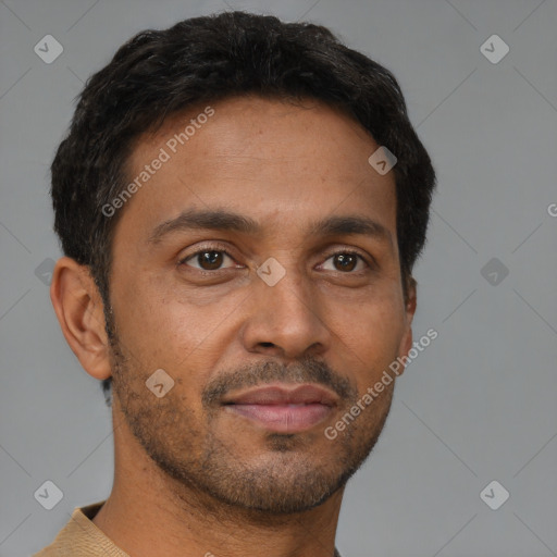 Neutral latino young-adult male with short  brown hair and brown eyes