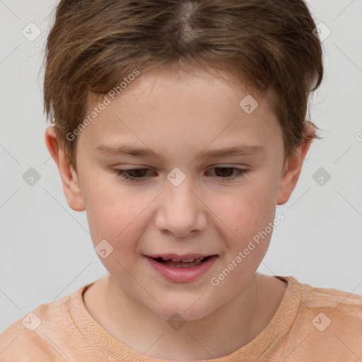 Joyful white child female with short  brown hair and brown eyes