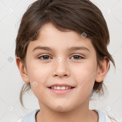 Joyful white child female with medium  brown hair and brown eyes