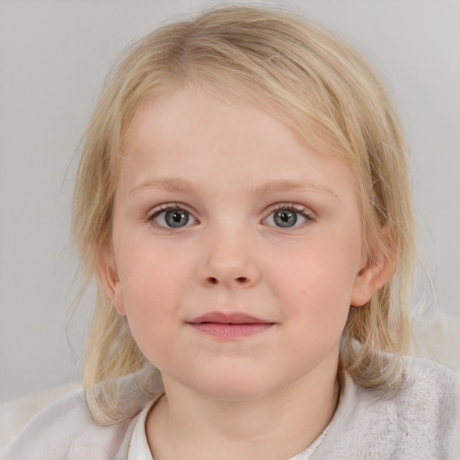 Neutral white child female with medium  brown hair and blue eyes