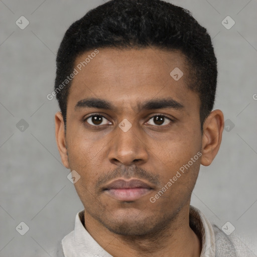 Neutral latino young-adult male with short  black hair and brown eyes