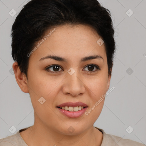 Joyful latino young-adult female with short  brown hair and brown eyes