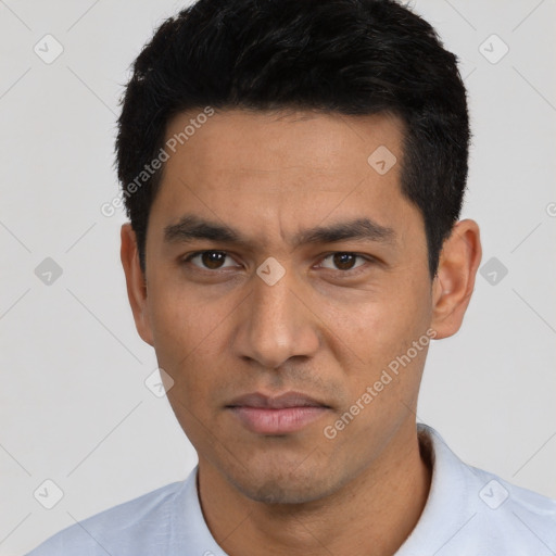 Neutral asian young-adult male with short  black hair and brown eyes